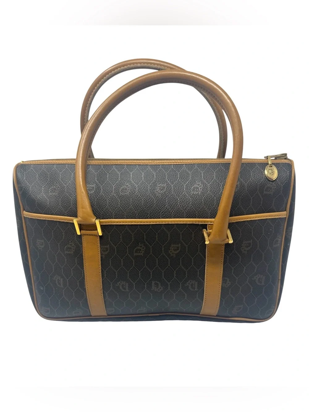 ✨🛍️ Christian Dior Vintage Black Honeycomb Coated Canvas & Brown Leather Handbag - Picture 2 of 8